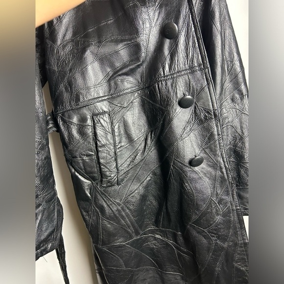 VTG 100% Genuine Leather Black Longline Trench Coat Jacket Motorcycle Equestrian - Picture 9 of 16